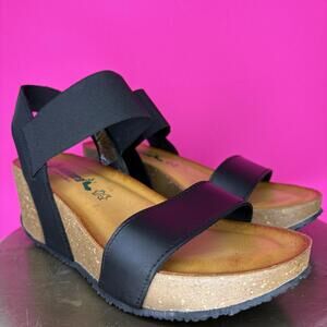 BioNatura Black Leather, Elastic Strap Platform Wedge Heel Sandal Sz 9